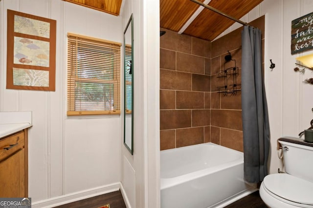 full bathroom featuring vanity, wooden ceiling, shower / tub combo with curtain, and toilet