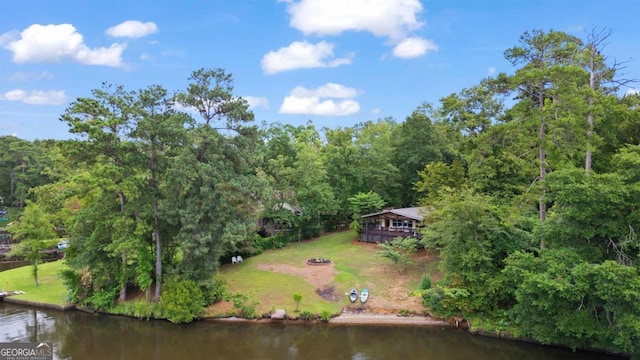 drone / aerial view featuring a water view