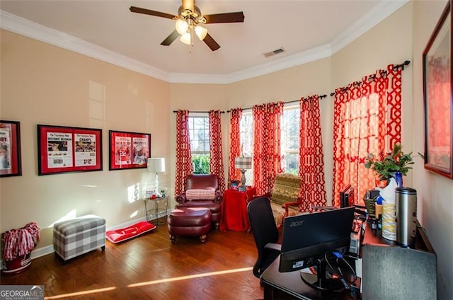 home office featuring crown molding, ceiling fan, and wood-type flooring