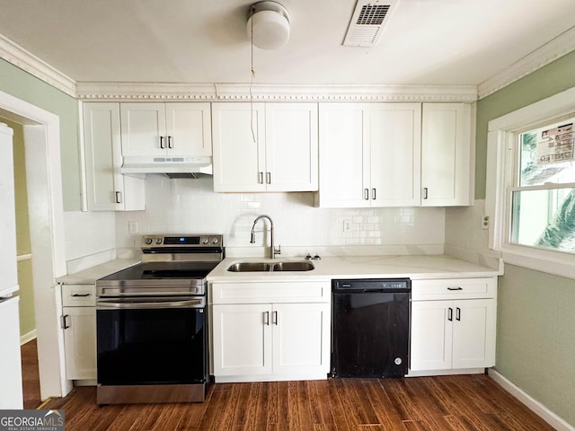 kitchen featuring sink, dark hardwood / wood-style floors, dishwasher, stainless steel electric stove, and white cabinets