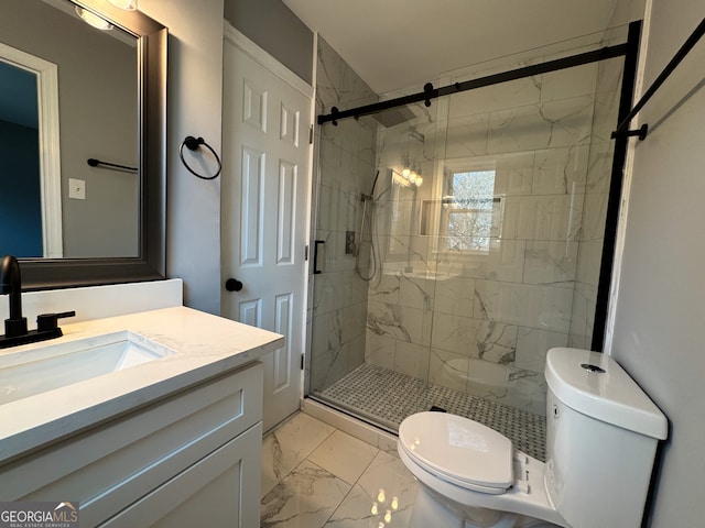 bathroom with vanity, a shower with shower door, and toilet