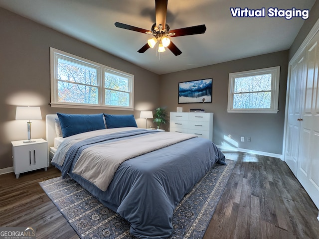 bedroom featuring ceiling fan, dark hardwood / wood-style floors, a closet, and multiple windows