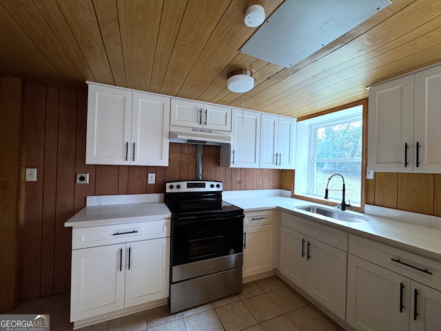 kitchen with wooden ceiling, sink, white cabinets, and stainless steel range with electric stovetop