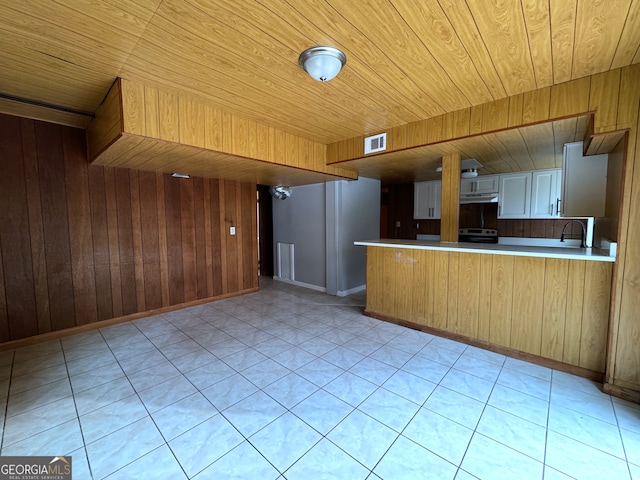 kitchen with electric range, white cabinets, wooden ceiling, kitchen peninsula, and wood walls