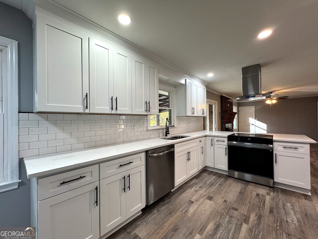 kitchen with sink, range with electric cooktop, white cabinets, and dishwasher