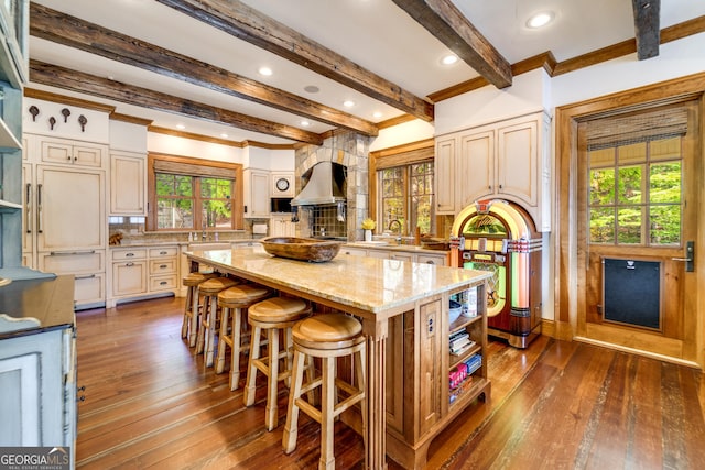 kitchen with a healthy amount of sunlight, a center island, and light stone counters