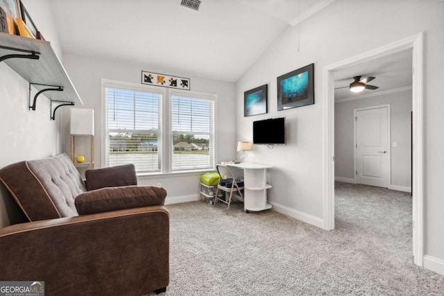 living area with vaulted ceiling and light carpet