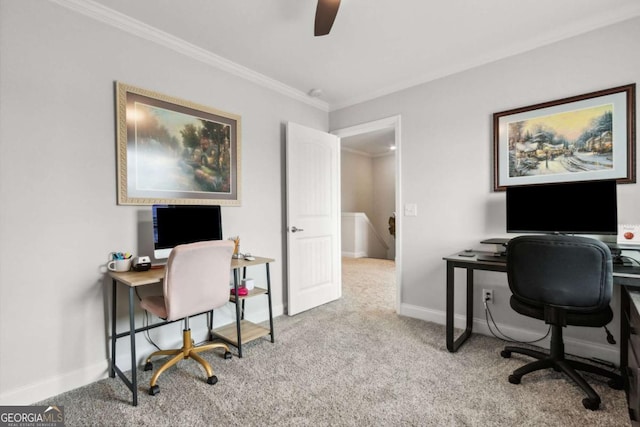 office area with crown molding and light colored carpet