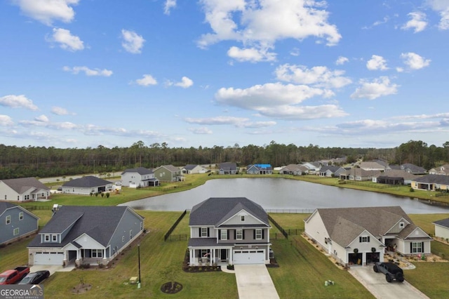 bird's eye view with a water view