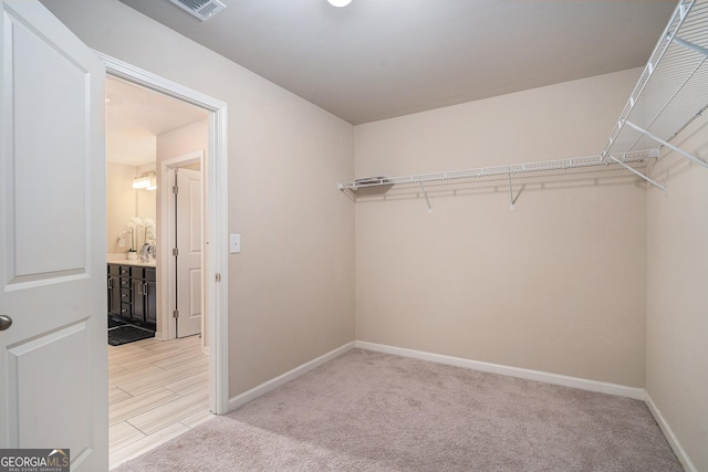 spacious closet with sink and light colored carpet