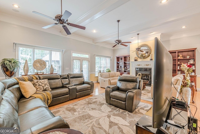 living room featuring crown molding, a fireplace, and light hardwood / wood-style floors