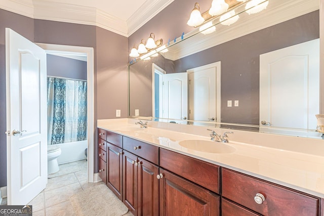 full bathroom with shower / bathtub combination with curtain, crown molding, vanity, tile patterned floors, and toilet