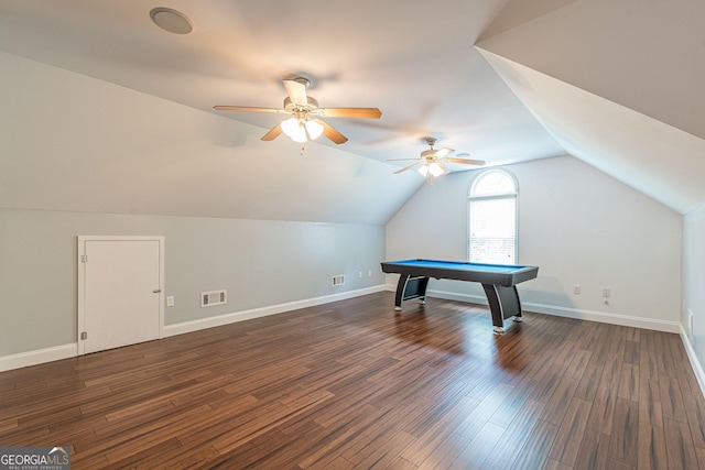 recreation room featuring dark wood-type flooring, pool table, lofted ceiling, and ceiling fan