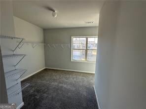 spacious closet featuring dark colored carpet