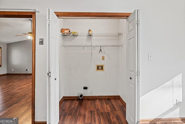 laundry room featuring washer hookup, dark wood-type flooring, electric dryer hookup, and ceiling fan