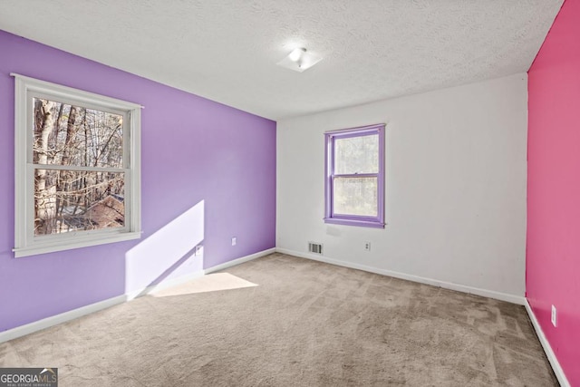 unfurnished room featuring light carpet and a textured ceiling