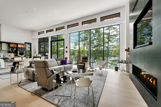 living room with a towering ceiling and light hardwood / wood-style flooring