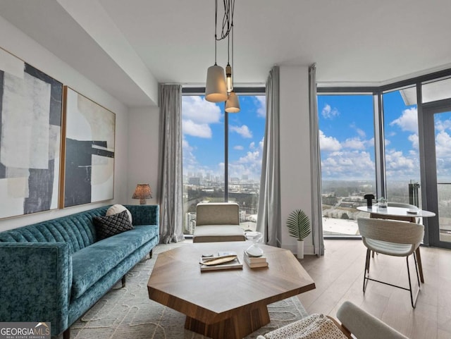 living room with a wall of windows and light hardwood / wood-style flooring