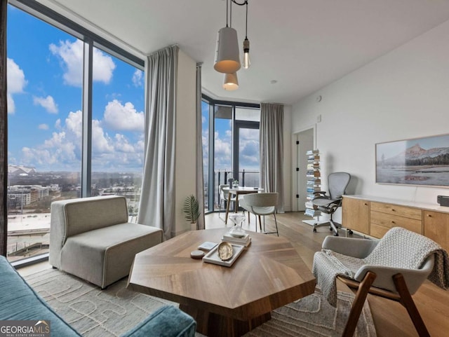 living room featuring light hardwood / wood-style flooring and floor to ceiling windows