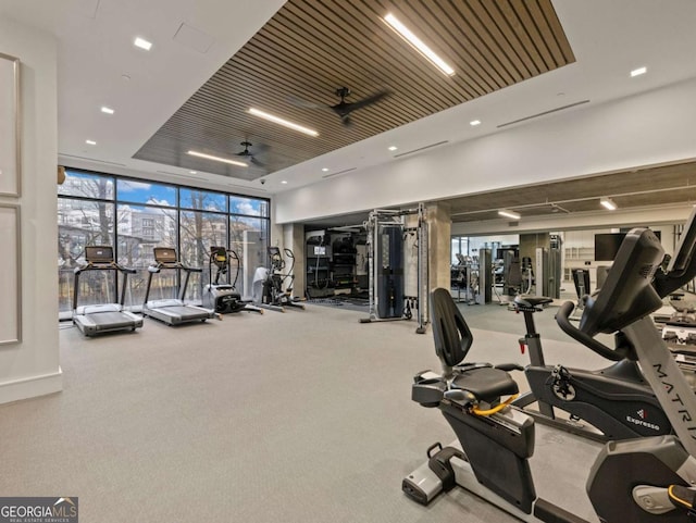 gym with floor to ceiling windows and ceiling fan