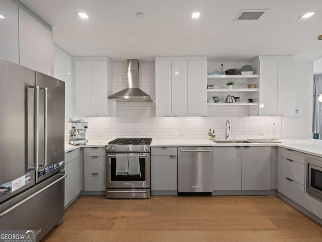 kitchen with wall chimney range hood, sink, gray cabinets, white cabinetry, and stainless steel appliances