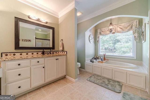 full bathroom featuring toilet, ornamental molding, vanity, a notable chandelier, and tile patterned flooring