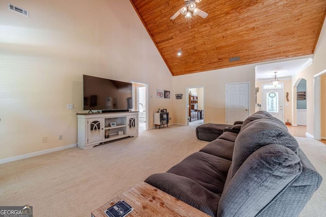 living room with ceiling fan, light carpet, wooden ceiling, and high vaulted ceiling