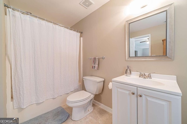 full bathroom featuring vanity, shower / tub combo, tile patterned floors, and toilet