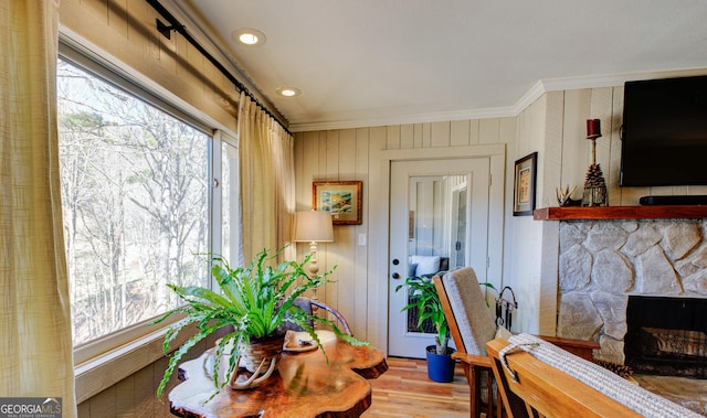 interior space with a stone fireplace, plenty of natural light, ornamental molding, and wood-type flooring