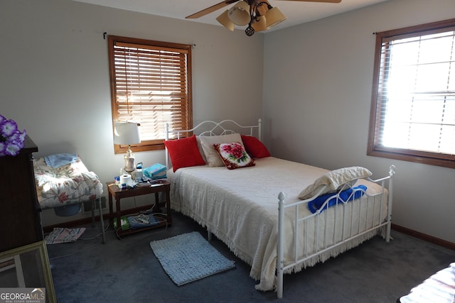 bedroom featuring carpet floors, ceiling fan, and baseboards