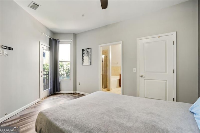 bedroom with ensuite bathroom, access to outside, ceiling fan, and light hardwood / wood-style floors