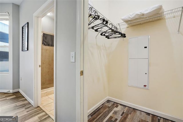 clothes washing area featuring hardwood / wood-style floors