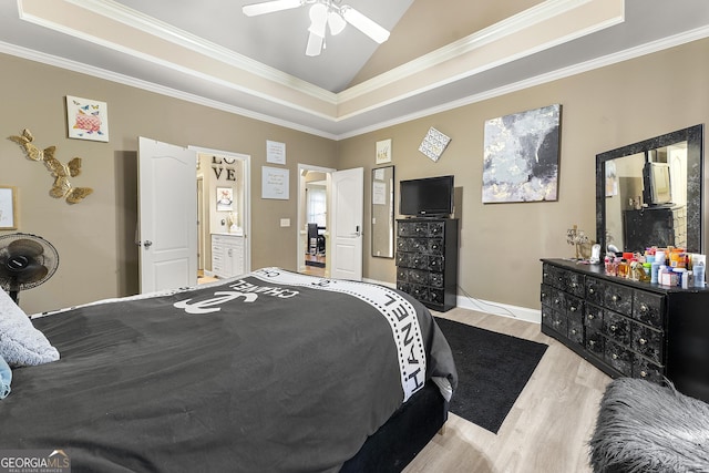 4901 Planters Walk, Douglasville, GA 30135 - bedroom with lofted ceiling, ceiling fan, light hardwood / wood-style floors, a raised ceiling, and crown molding