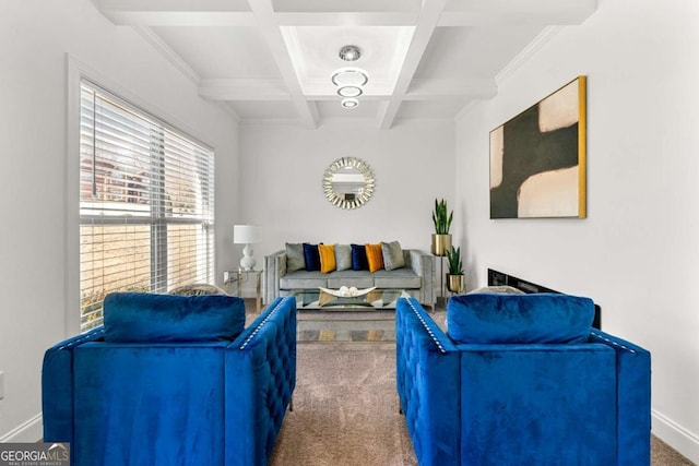 living room with coffered ceiling, carpet floors, and beam ceiling