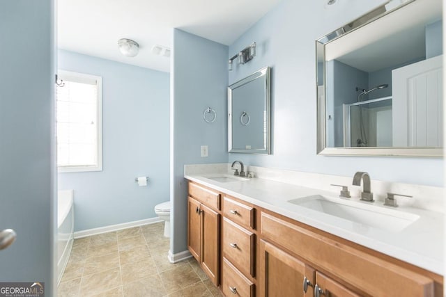 full bathroom with tile patterned floors, vanity, toilet, and plus walk in shower