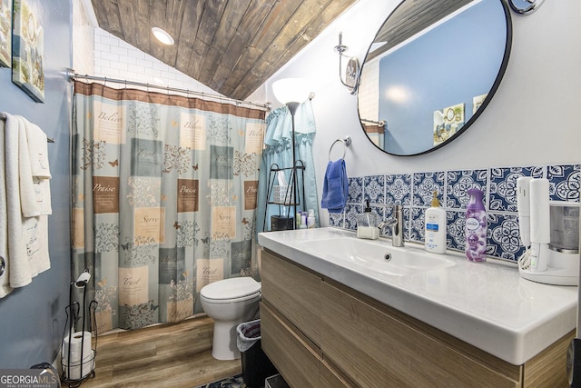 bathroom featuring wood-type flooring, lofted ceiling, vanity, wood ceiling, and toilet