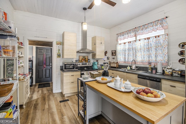 kitchen with sink, stainless steel appliances, wooden counters, and wall chimney exhaust hood