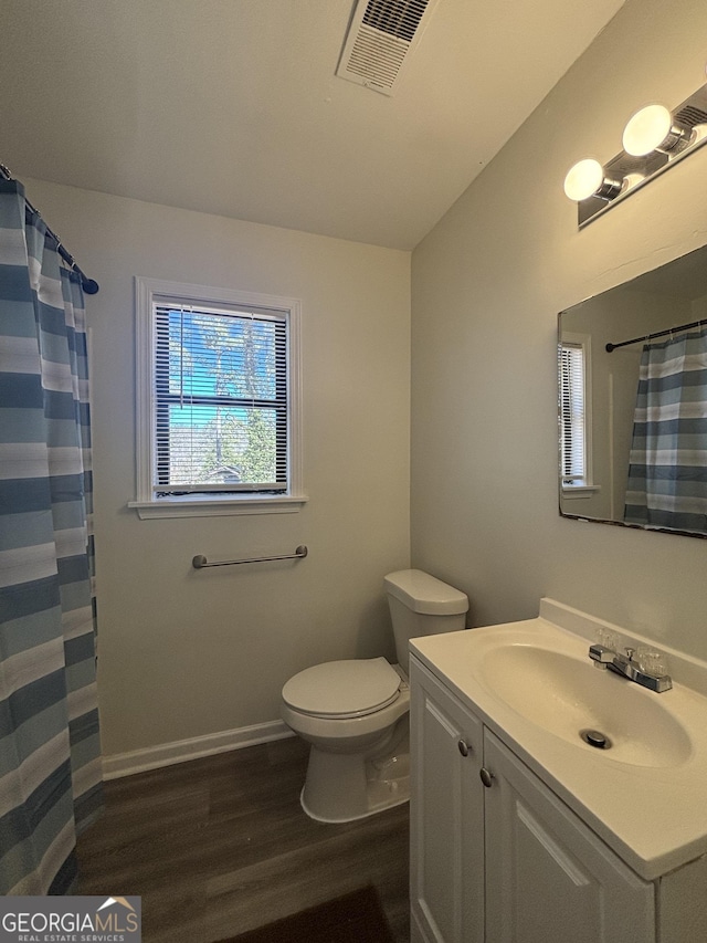 bathroom featuring vanity, wood-type flooring, and toilet