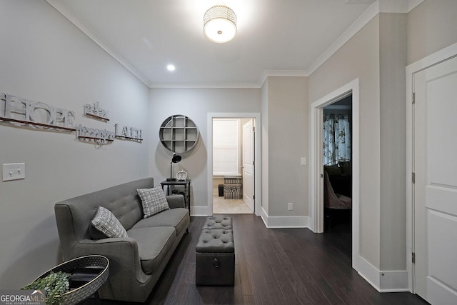 living room featuring ornamental molding and dark hardwood / wood-style floors