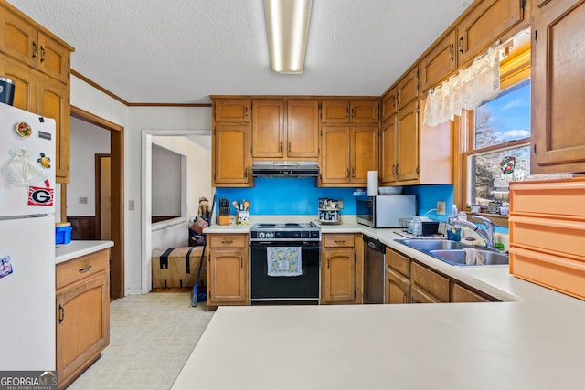 kitchen featuring range with electric cooktop, dishwasher, sink, white refrigerator, and a textured ceiling