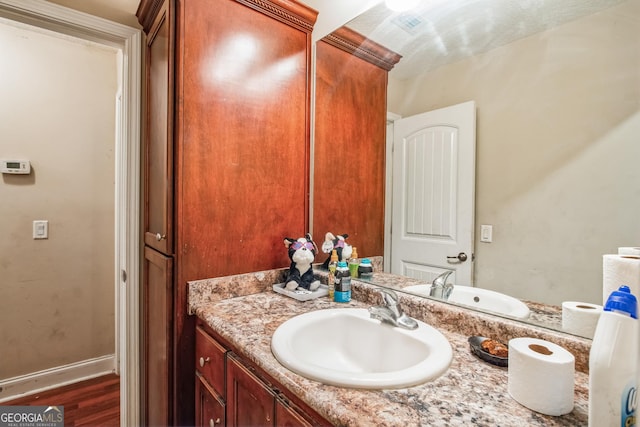 bathroom with vanity and hardwood / wood-style flooring