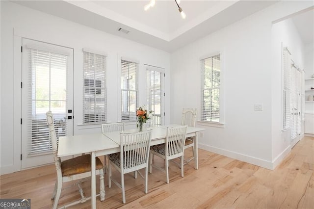 dining room with a chandelier, a raised ceiling, and light hardwood / wood-style flooring