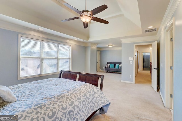 bedroom with visible vents, light carpet, baseboards, and crown molding