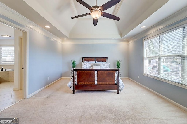 bedroom featuring light carpet, recessed lighting, a ceiling fan, and baseboards