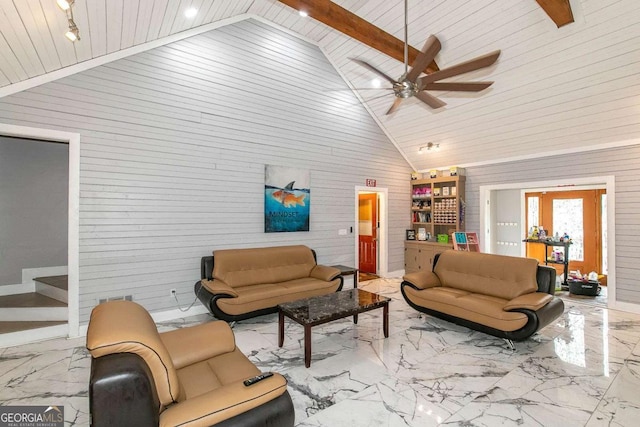 living room with ceiling fan, high vaulted ceiling, and wood ceiling