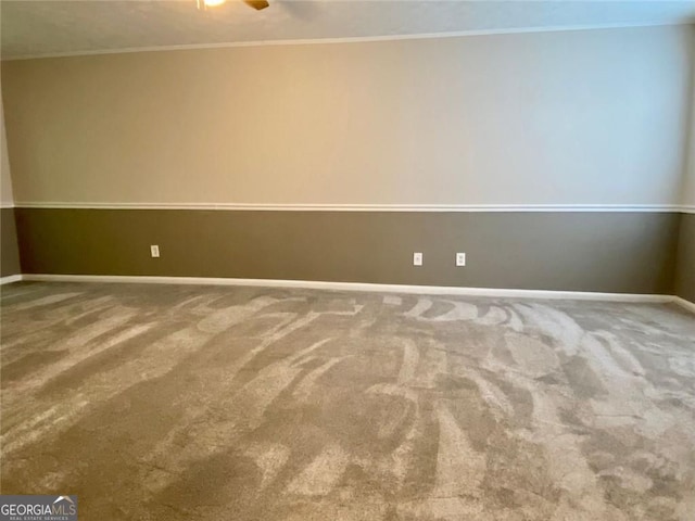 unfurnished room with crown molding, ceiling fan, and carpet floors