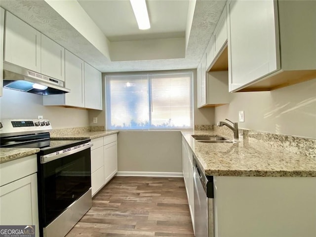 kitchen featuring sink, light stone counters, appliances with stainless steel finishes, a tray ceiling, and white cabinets