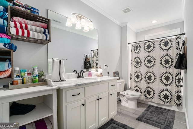 bathroom featuring walk in shower, ornamental molding, toilet, and vanity