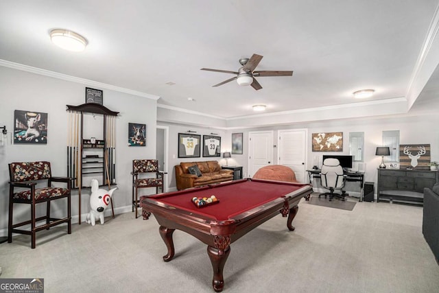 recreation room with billiards, crown molding, light colored carpet, and ceiling fan