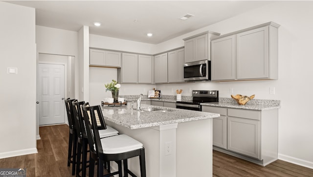 313 Sound Cir Unit 140, Stockbridge, GA 30281 - kitchen featuring stainless steel appliances, gray cabinetry, dark wood-type flooring, a sink, and light stone counters